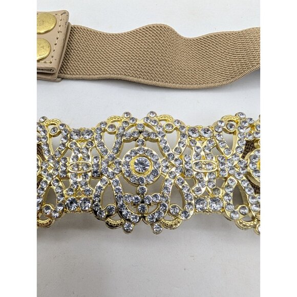 Waist Belt Women's M/L Metal Gold Rhinestone Elastic Snap Closure Tan Y2K glam - Picture 6 of 13